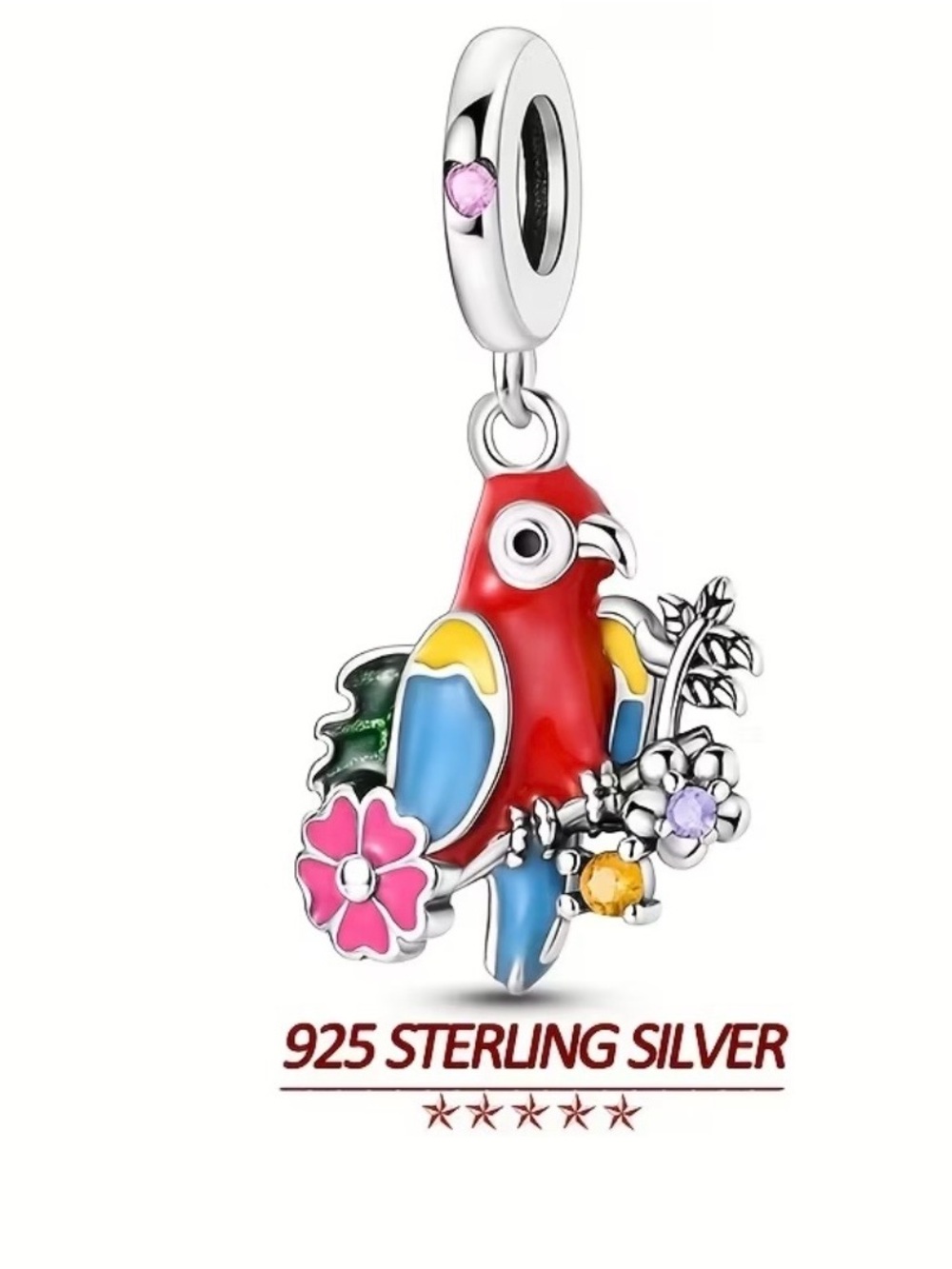 🌺 925 Tropical Parrot Dangle Charm Sterling Silver Colorful Enamel NEW